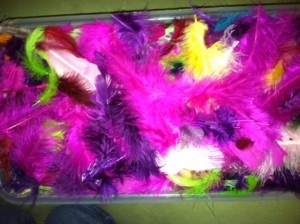 Feathers used in sensory play for toddlers and preschoolers.