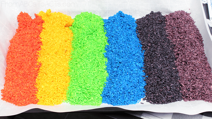 Making Rainbow Rice with Vinegar and Food Coloring