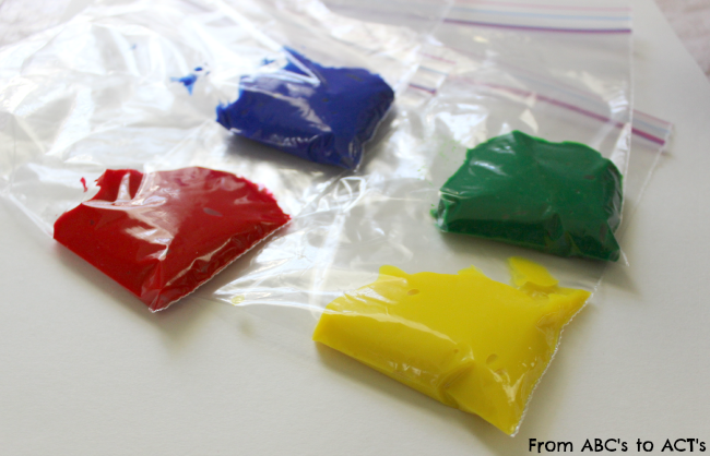 Fill you bags with paint. One color to each bag.
