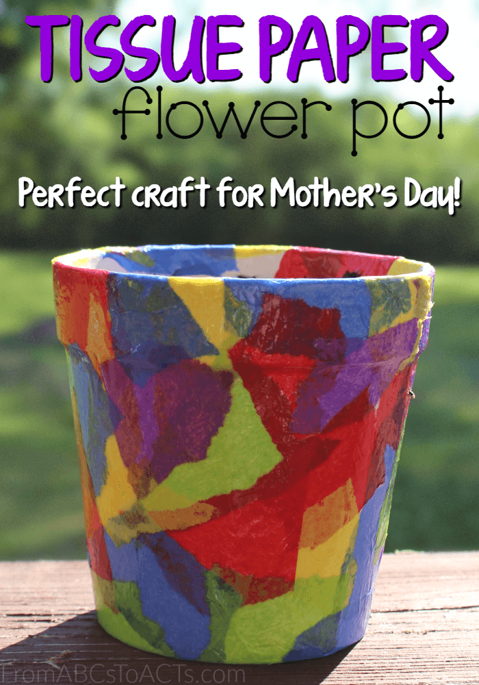 Surprise mom on Mother's Day this year with a functional yet beautiful tissue paper flower pot craft that the kids can make themselves!