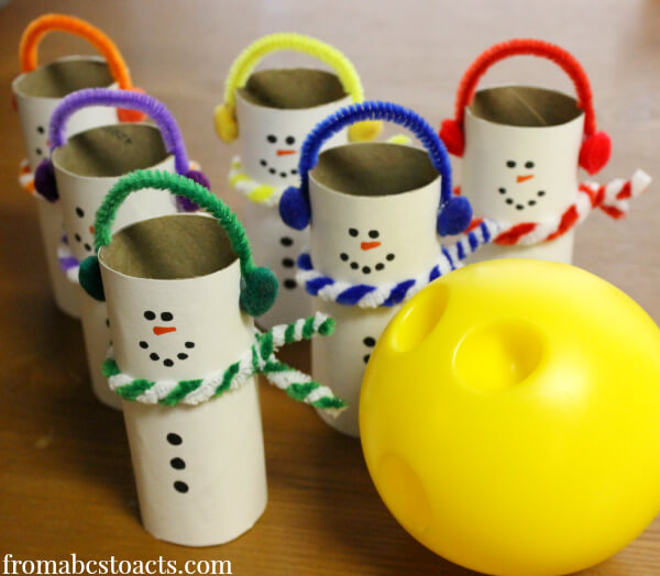 bowling with cardboard tube snowmen for preschoolers