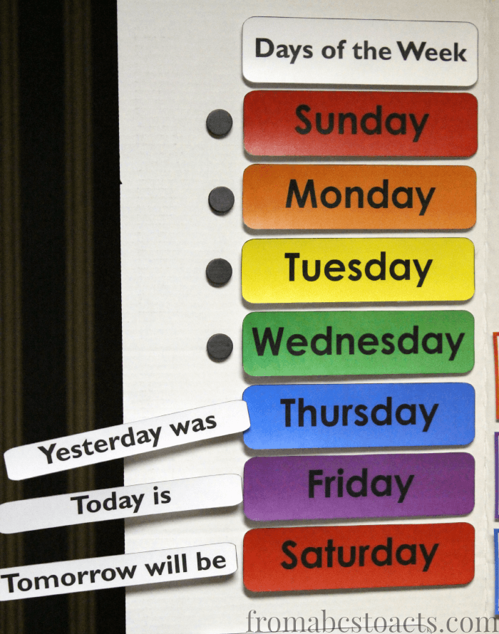Teaching the days of the week with a DIY home preschool calendar board.