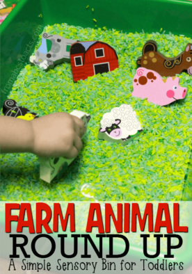 Teach your toddler the names and sounds of farm animals with a fun farm animal round up sensory bin!