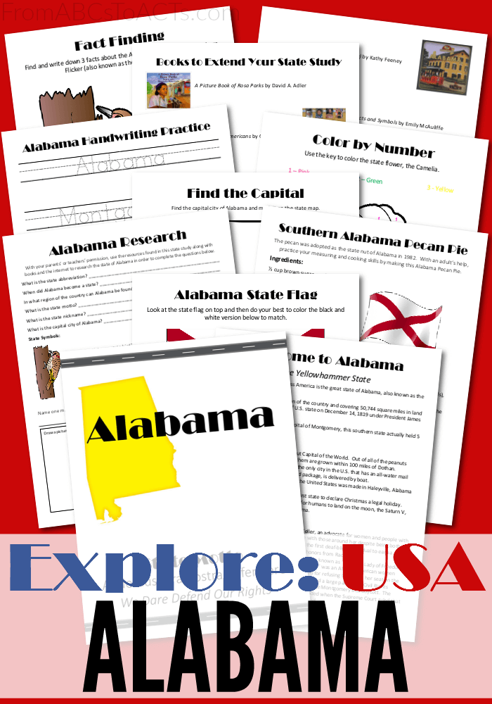 Explore the great southern state of Alabama with this free printable state study pack for lower elementary students!