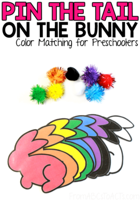 Color matching, fine motor practice, and more! This pin the tail on the bunny game is the perfect way to work on those matching skills with your toddler or preschooler this Spring! #FromABCstoACTs #Eastergames #kidsactivities