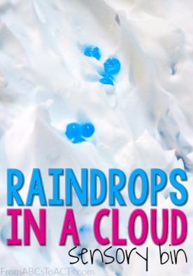 Planning a preschool weather theme unit? This awesome sensory bin is the perfect way to learn all about clouds and rain while exploring fun new textures!