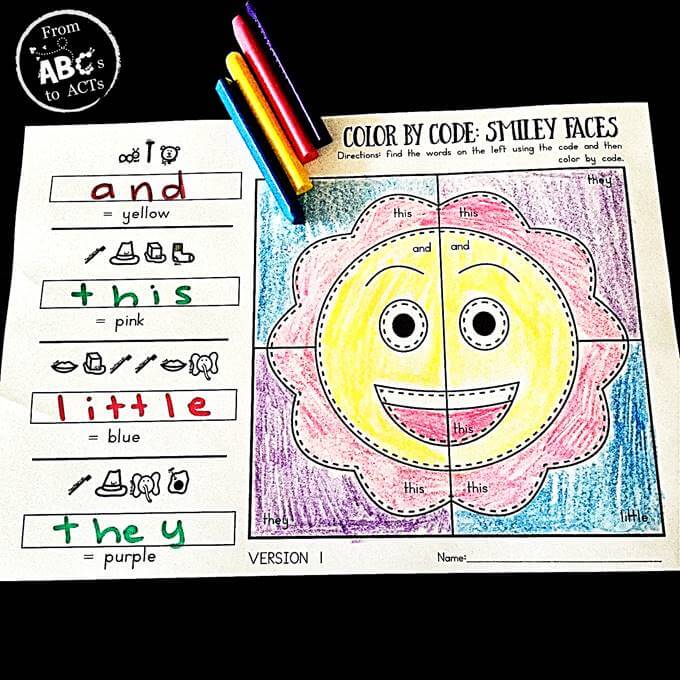 Smiley Face Color by Code Sight Words