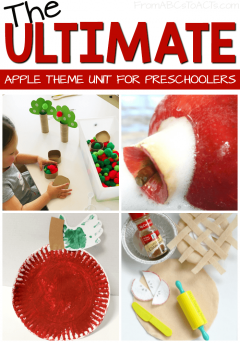 Create an amazing apple theme unit for preschoolers or kindergartners! This post has more than 50 ideas covering fine and gross motor activities, sensory play, literacy, math, and more!