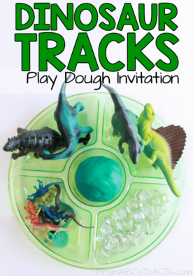 Add a little fine motor fun to your dinosaur preschool theme unit with this dinosaur tracks play dough invitation! It's super easy to throw together and the kiddos are going to enjoy it for hours!