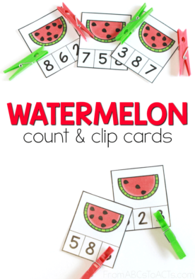 Work on those early math skills while celebrating the start of the Summer season with these adorable watermelon count and clip cards for preschoolers. #math #countandclip #mathcenters #watermelonactivitiesforkids