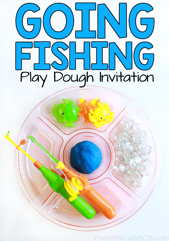 Welcome in the warmer months with a play dough fishing trip! This super simple play dough invitation is a fantastic way to work on fine motor skills and hand-eye coordination with your preschooler and takes all of 5 minutes to throw together! #playdough #finemotor #preschool #kindergarten #goingfishing #playdoughinvitation #invitationtoplay