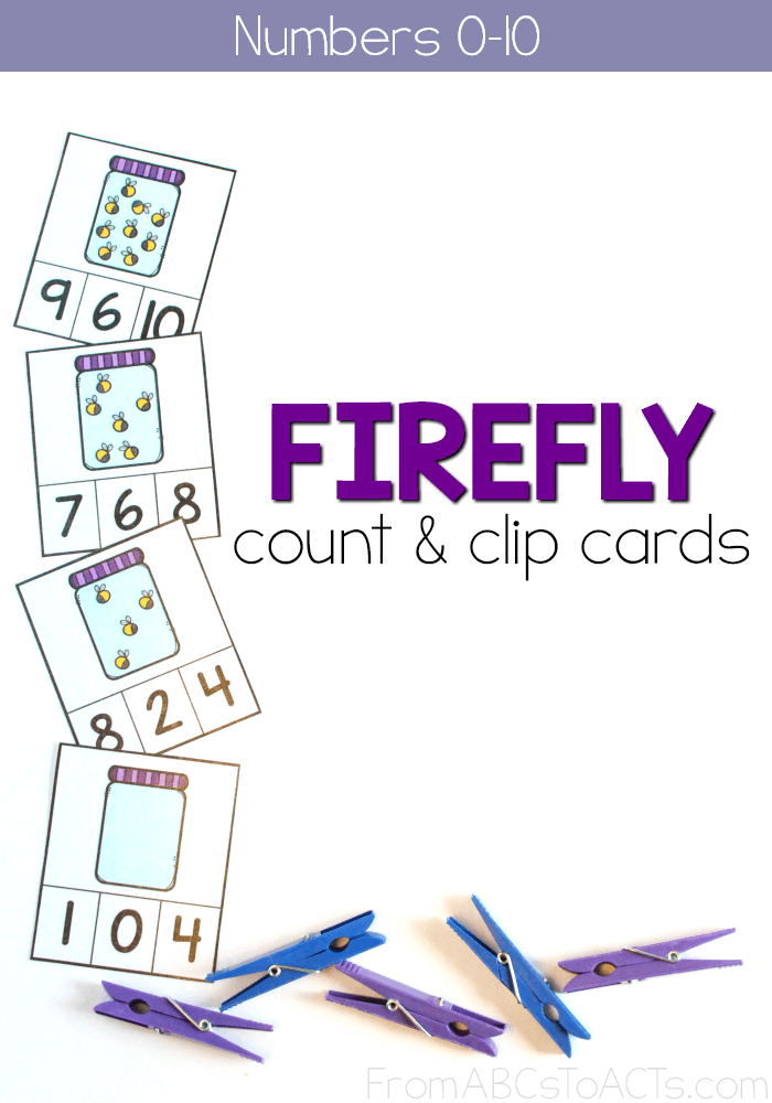 Celebrate the Summer with these printable firefly count and clip cards! These adorable number cards make a fantastic preschool or kindergarten math center! #math #clipcards #finemotor