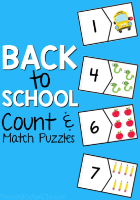Start the school year off with a fun math activity! These back to school count and match puzzles are perfect for preschoolers and kindergartners! #math #counting #puzzles