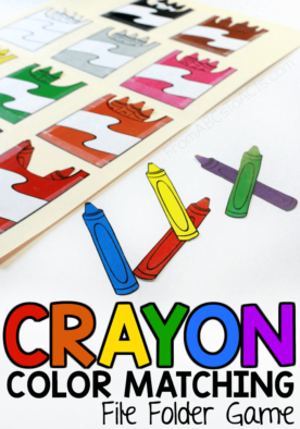 Practice colors, matching, and fine motor skills with this fun printable crayon color matching file folder game for toddlers and preschoolers! #filefoldergames #earlymathskills #colormatching
