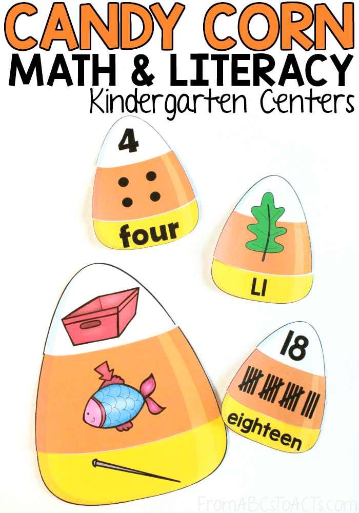 Get ready for Halloween with these fun candy corn themed math and literacy puzzles for kindergartners! Work on number word recognition, rhyming, beginning sounds, and more! #candycorn #Halloween #puzzles