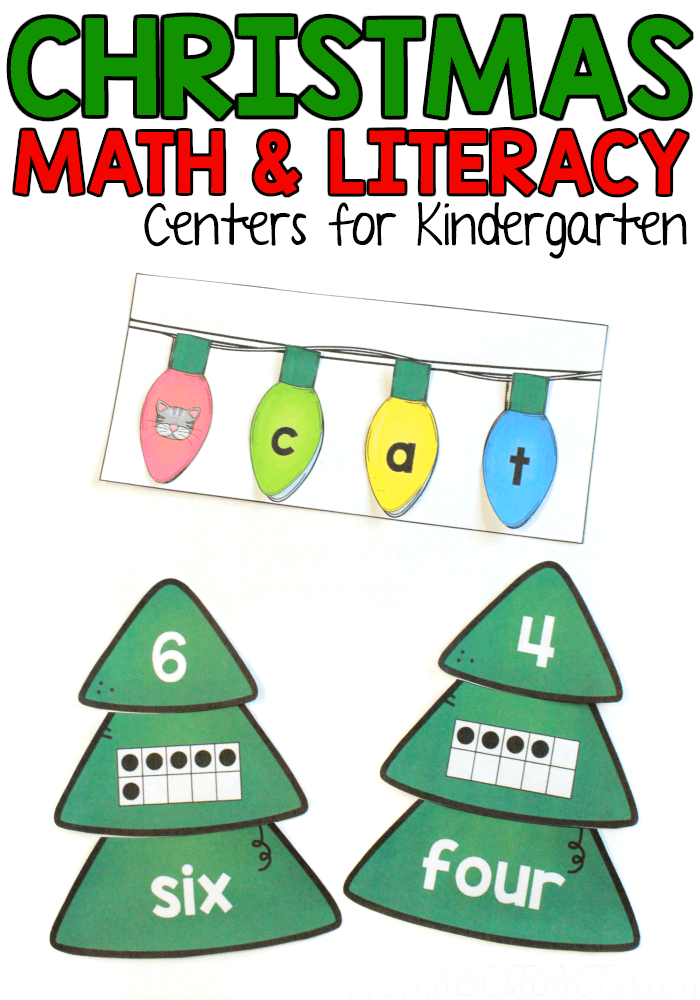 Practice those early math and literacy skills this holiday season with these fun Christmas themed kindergarten centers! #FromABCsToACTs #kindergartencenters #math #CVCwords