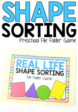 Teach your preschooler or kindergartner to identify and sort the shapes they see in real life with this fun shape sorting file folder game! #FromABCsToACTs #shapes #math
