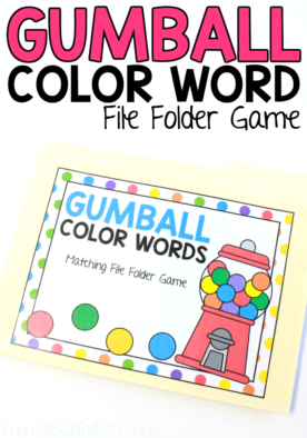Once your child has mastered learning their basic colors, it's time to move on up to color words and this gumball color word file folder game is such a fun and colorful way to do it! #FromABCsToACTs #colorwords #reading