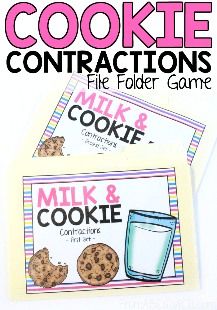 Improve your child's reading fluency through contractions! This milk and cookie contraction file folder game is a ton of fun and such an easy way to work on those literacy skills! #FromABCsToACTs #reading #gamesforkids