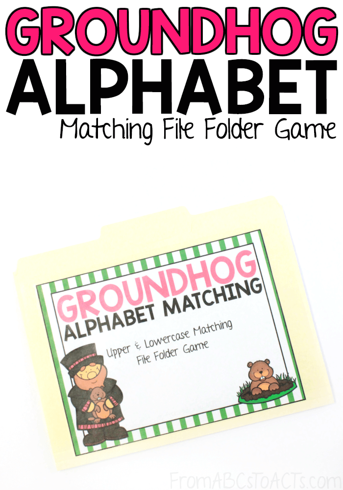Talk about the changing of the seasons with your preschooler while you work on matching the upper and lowercase letters of the alphabet with this groundhog alphabet matching file folder game! #FromABCsToACTs #literacy #gamesforkids