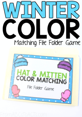 This color matching file folder game is absolutely perfect for winter! Your toddler or preschooler is going to love matching the colorful hats and mittens! #FromABCsToACTs #colors #earlymath
