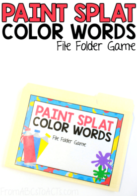 Practice recognizing colors and color words with this printable paint splat file folder game! Perfect for kindergartners! #FromABCsToACTs #artsupplies #filefoldergames