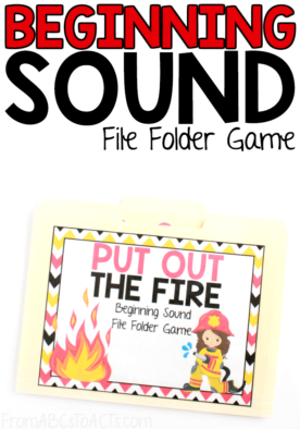 Practice beginning sounds by putting out the fires in this adorable firefighter themed file folder game for kids! #FromABCsToACTs #literacy #learningtoread