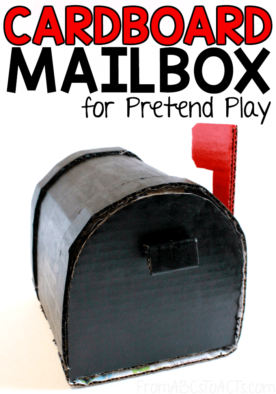 Step up your Post Office dramatic play center with a DIY cardboard mailbox that your preschoolers are going to love! It opens, closes, and even has a movable flag to tell the postman that there's mail in there! #FromABCsToACTs #pretendplay
