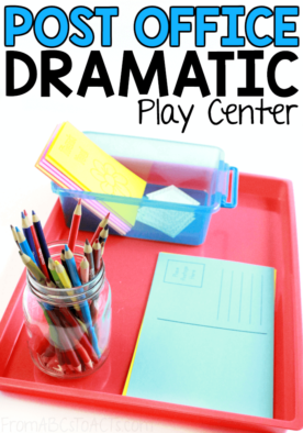 Learning about the Post Office can be so much fun and it's a fantastic way to add some more pretend play to your preschooler's day! This Post Office dramatic play center has everything you need to get started! #FromABCsToACTs #pretendplay #dramaticplay #PostOffice