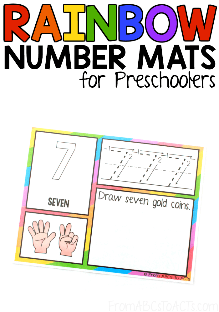 Practice counting to ten, number formation, one to one correspondence, and more with these printable rainbow themed number mats that are perfect for St. Patrick's Day! #FromABCstoACTs #preschoolmath #Spring