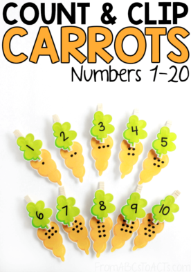 Turn your Spring counting practice into a fun fine motor workout with these count and clip carrots! Work on numbers 1-20 and fine motor skills at the same time!