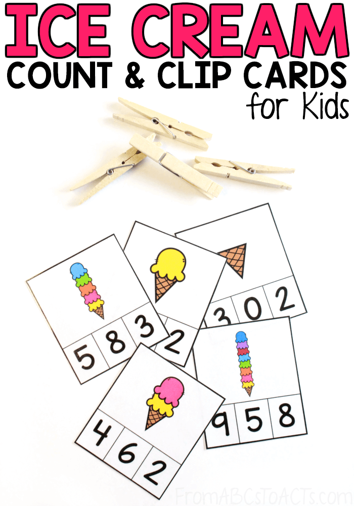 Work on recognizing numbers 0-10, counting, colors, and fine motor skills with these fun ice cream themed count and clip cards for preschoolers!
