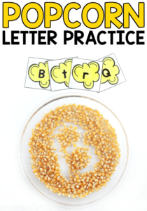Work on letter formation while also integrating some sensory play into your day with this fun popcorn writing tray for preschoolers!
