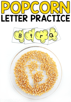 Work on letter formation while also integrating some sensory play into your day with this fun popcorn writing tray for preschoolers!