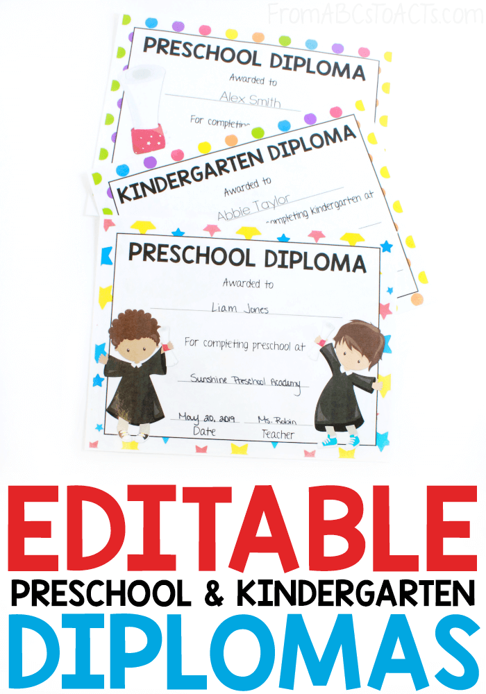 Celebrate the end of your child's preschool or kindergarten year with a fun diploma designed just for them! These preschool and kindergarten diplomas are editable so all you need to do is add their info and print!