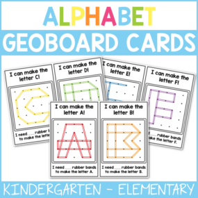 Work on colors, the uppercase letters of the alphabet, fine motor skills, and more with these fun alphabet geoboard task cards for kids! They make a fantastic math and literacy center! #FromABCsToACTs