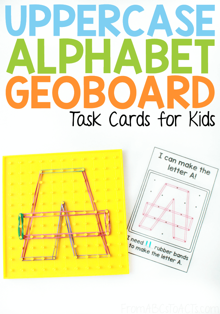 Work on letter formation, fine motor skills, colors, counting, and so much more with these fun uppercase alphabet geoboard task cards for kids!