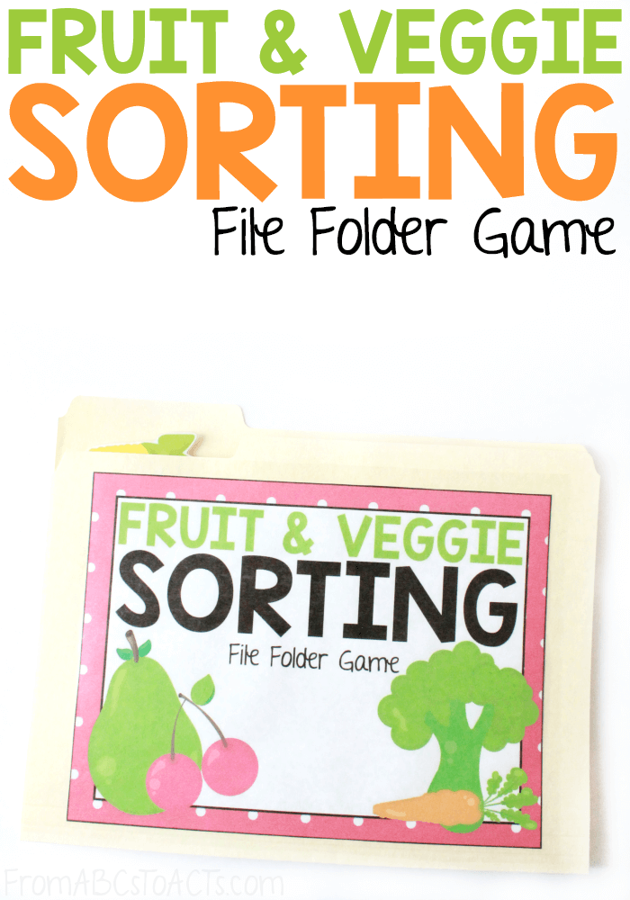 Teach your preschooler or kindergartner to sort fruits and vegetables while also learning about healthier food choices with this fun file folder game for kids! #FromABCsToACTs