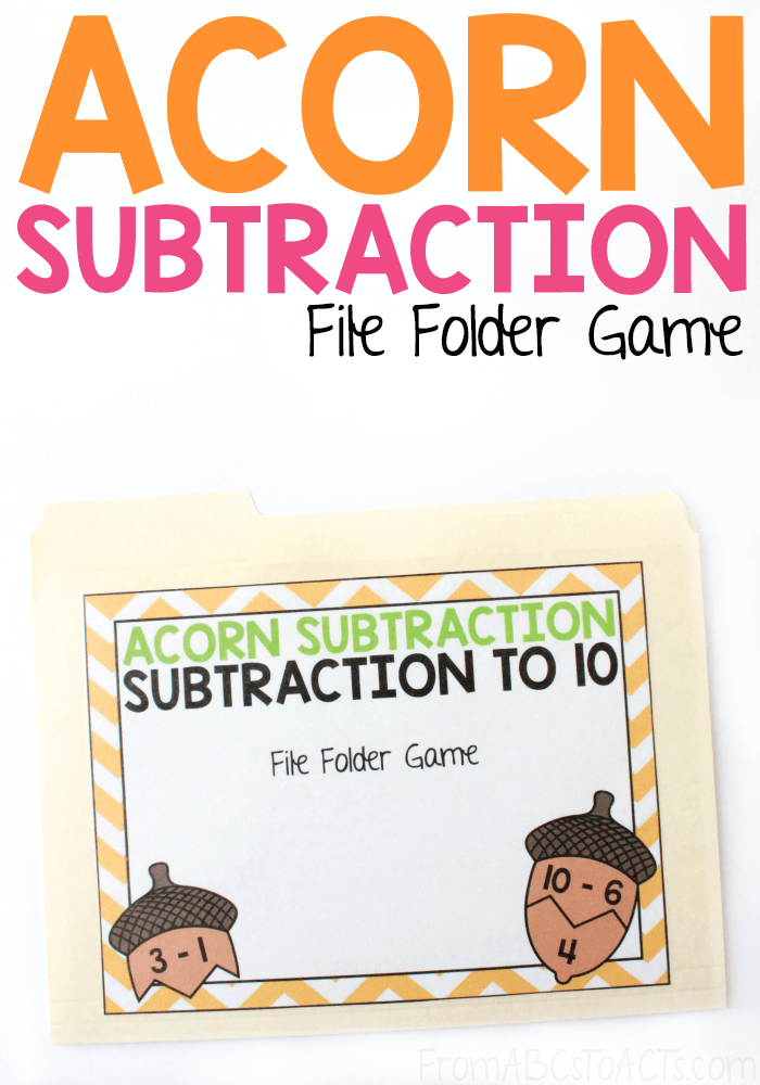 Has your child started learning to subtract within 10? This fall, acorn-themed file folder game is the perfect way to practice! #FromABCsToACTs
