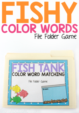 Is your child struggling to learn their color words? This fishy color words file folder game is a quick and easy way to practice while also working on their fine motor skills! #FromABCsToACTs