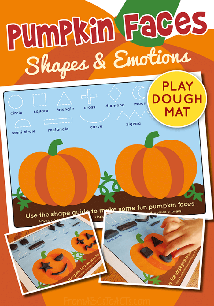 Work on shapes, colors, emotions, and fine motor skills with this fun pumpkin face play dough mats! Your preschooler is going to love them! #FromABCsToACTs