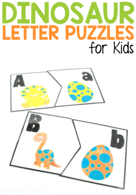 Work on colors, matching, and the letters of the alphabet with these fun dinosaur letter puzzles! They would make a fantastic kindergarten literacy center! #FromABCsToACTs