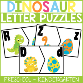 Work on colors, matching, and early literacy skills with these dinosaur letter puzzles! They would be perfect for a kindergarten literacy center! #FromABCsToACTs