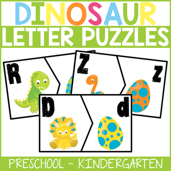 Work on colors, matching, and early literacy skills with these dinosaur letter puzzles! They would be perfect for a kindergarten literacy center! #FromABCsToACTs