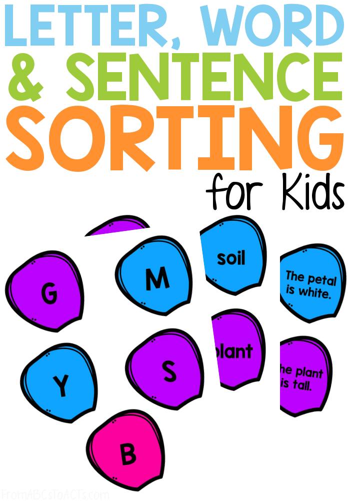 If your child is struggling with the difference between letters, words, and sentences, this flower-themed sorting activity is the perfect way to practice!  #FromABCsToACTs