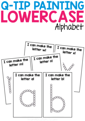 Q-Tip painting is an excellent way to work on fine motor skills, hand-eye coordination, and so much more! With these printable Q-Tip painting cards, you'll also work on the lowercase letters of the alphabet making this activity perfect for your literacy center! #FromABCsToACTs