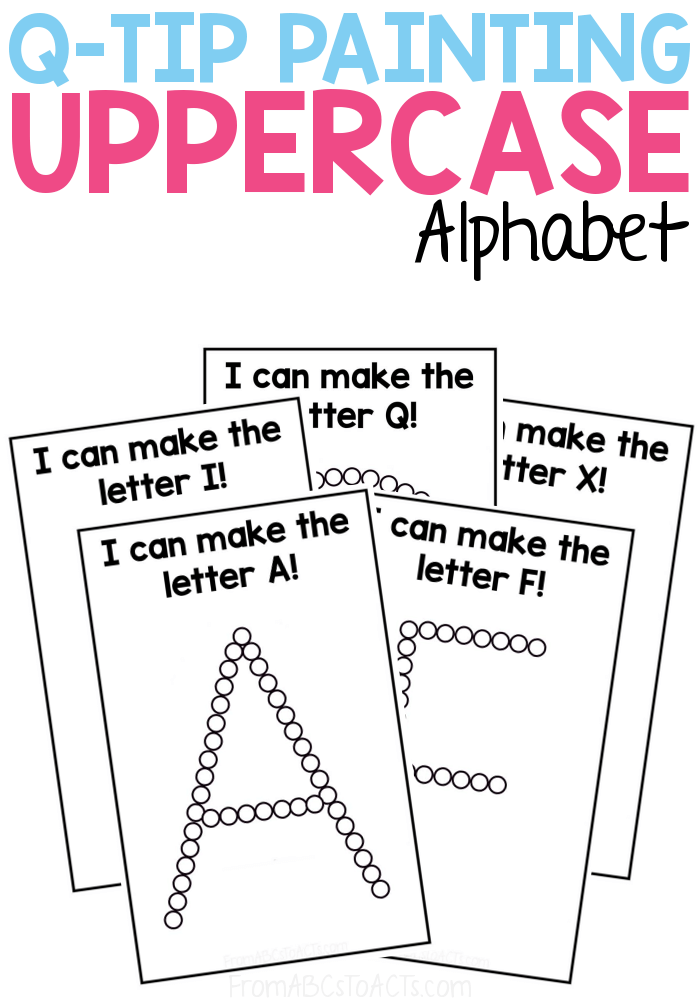 Is your child struggling with their fine motor skills or pencil grasp? These uppercase alphabet Q-Tip painting cards are the perfect way to strengthen those small motor muscles and get them ready to write! #FromABCsToACTs