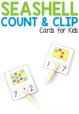 Can't make it to the beach this year? Bring the beach to your preschool math lesson with these seashell-themed count and clip cards! Such an easy way to work on those fine motor skills! #FromABCsToACTs