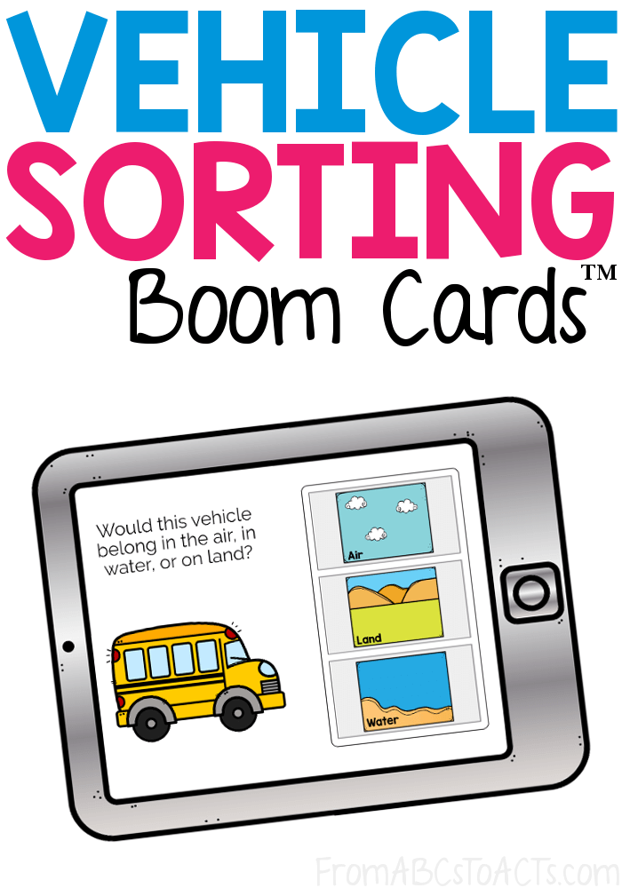 Working through a transportation theme with your preschooler? These self-checking digital task cards are a great way to practice which vehicles belong on land, in the water, or up in the air! #FromABCsToACTs