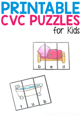 Printable CVC Puzzles - Practice building 40 different CVC words with these printable 3-piece puzzles that are perfect for visual learners! #FromABCsToACTs